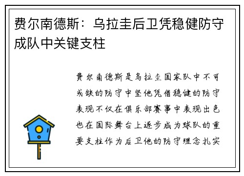 费尔南德斯：乌拉圭后卫凭稳健防守成队中关键支柱