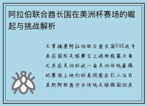 阿拉伯联合酋长国在美洲杯赛场的崛起与挑战解析 阿拉伯联合酋长国在美洲杯赛场的崛起与挑战解析