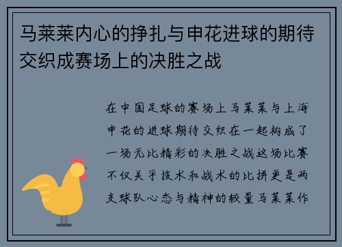 马莱莱内心的挣扎与申花进球的期待交织成赛场上的决胜之战 马莱莱内心的挣扎与申花进球的期待交织成赛场上的决胜之战